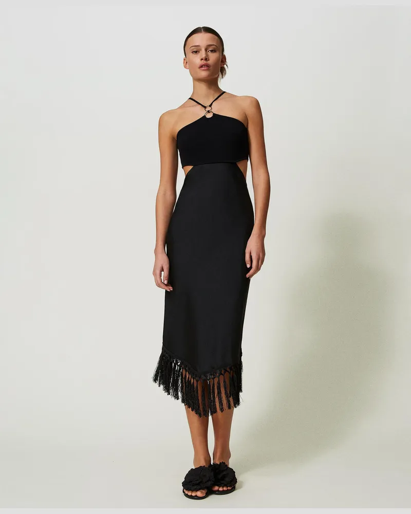 Actitude by Twinset Kleider - Midikleid aus Satin mit Fransen, Schwarz, Größe Schwarz