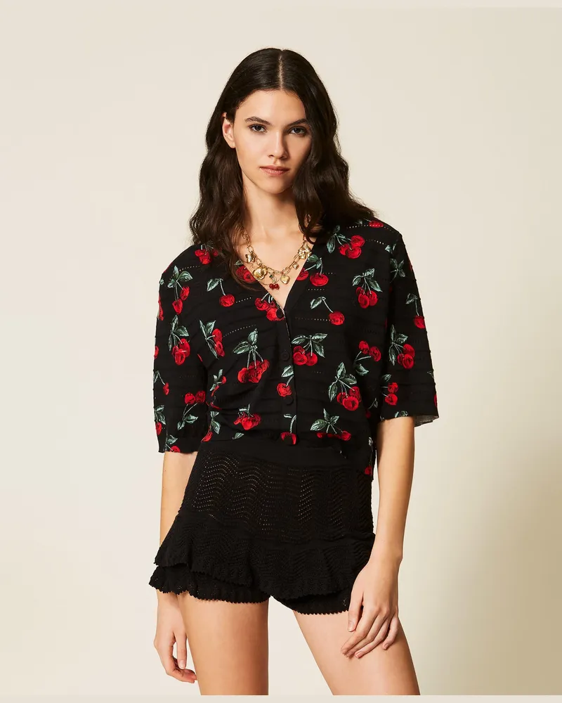 Twin-Set Hosen - Shorts aus Strick mit Volant, Schwarz, Baumwolle, Größe Schwarz