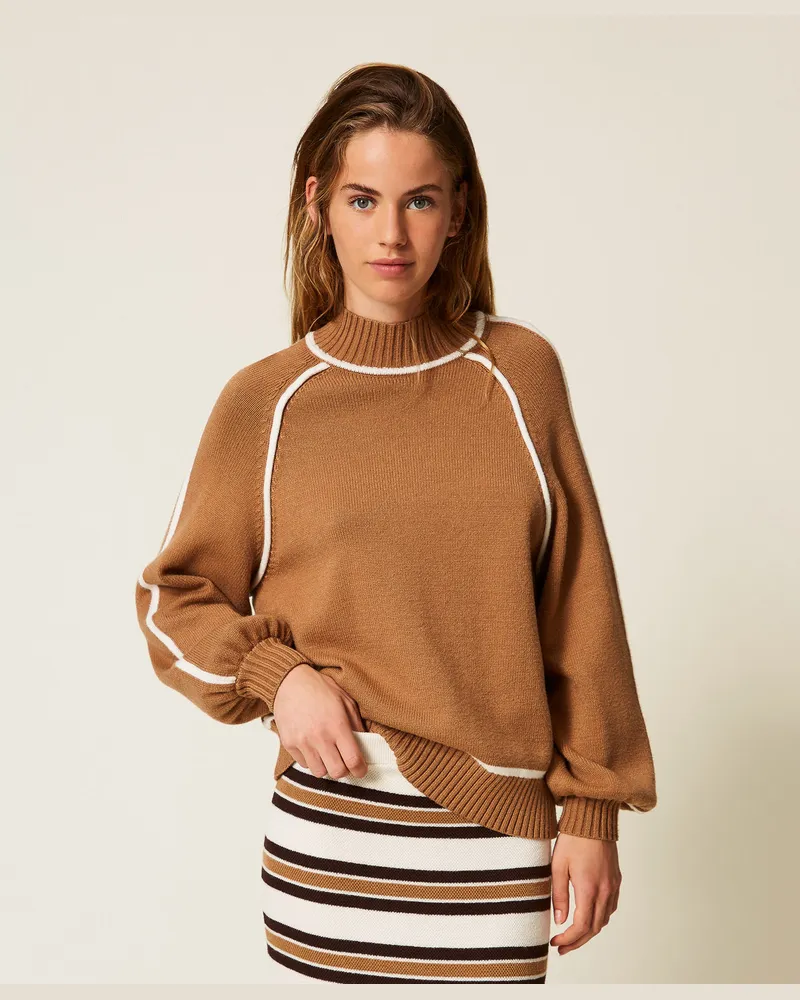 Twin-Set Pullover mit Kontrasträndern, Zweifarbig Camel / Off White, Größe Zweifarbig