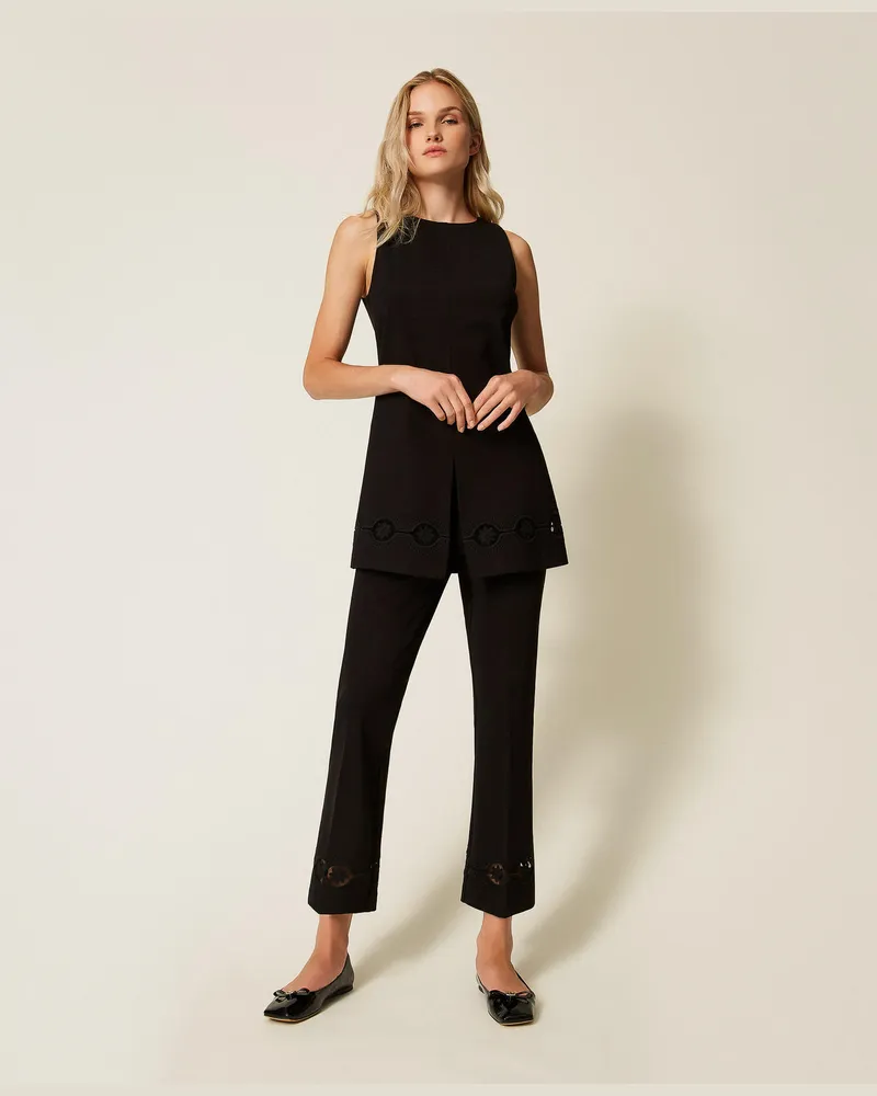 Twin-Set Hosen - Hose mit floraler Stickerei, Schwarz, Größe Schwarz