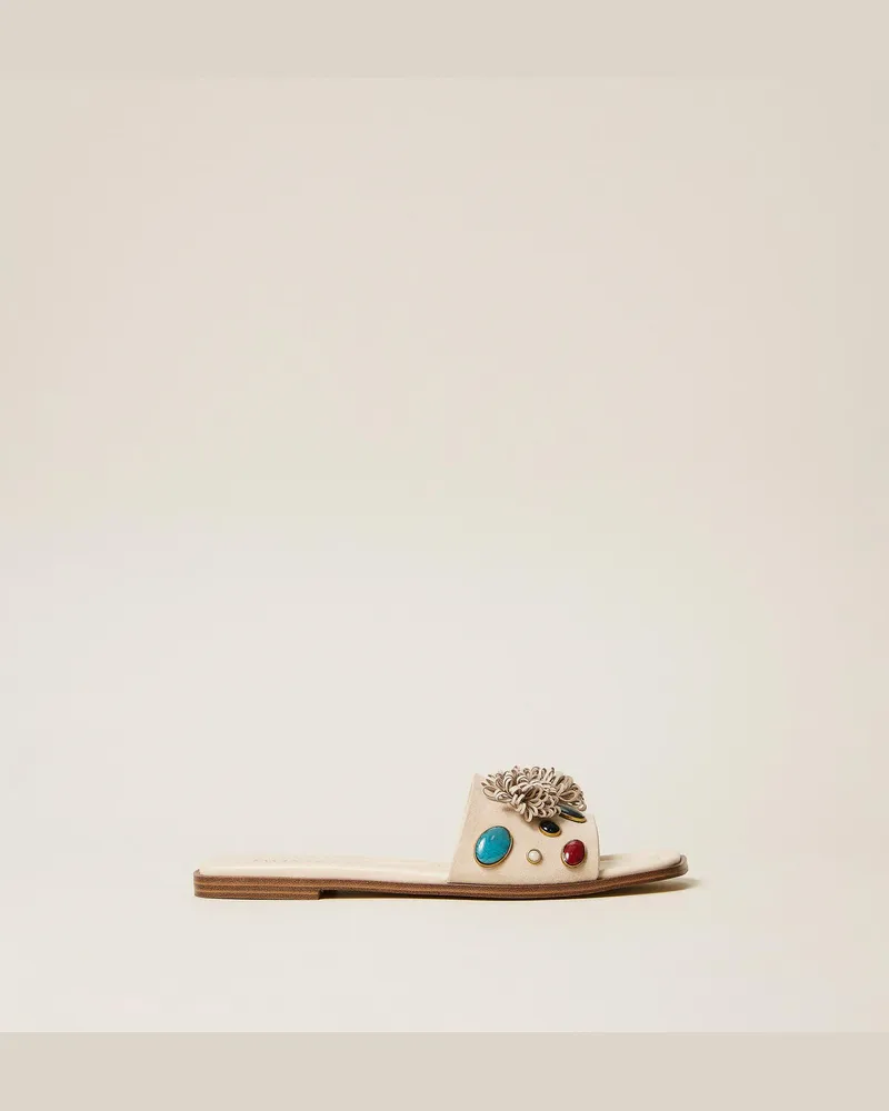 Twin-Set Schuhe - Slide-Sandale aus Veloursleder mit Schmucksteinen, Perlmutt, Größe Perlmutt