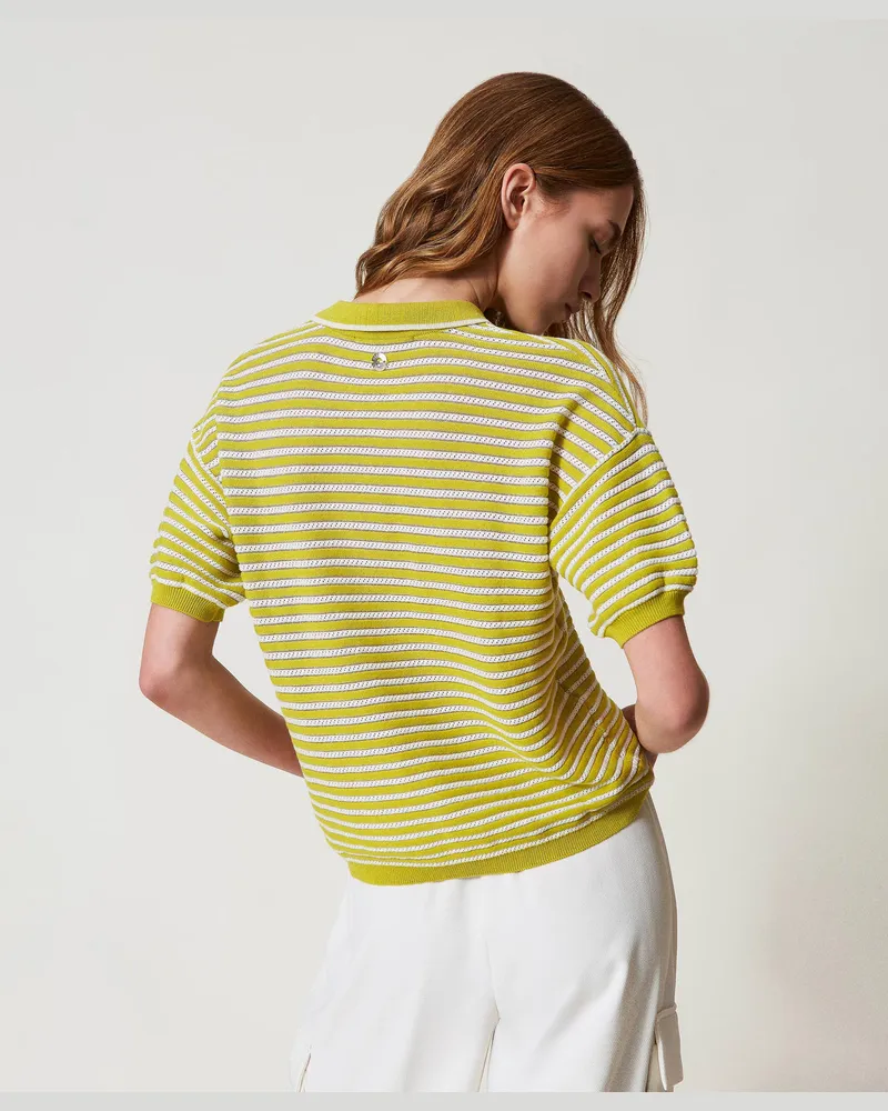 Actitude by Twinset Pullover - Gestreiftes Poloshirt mit Lurex, Zweifarbig Sugar / Citronelle, Größe: XL 