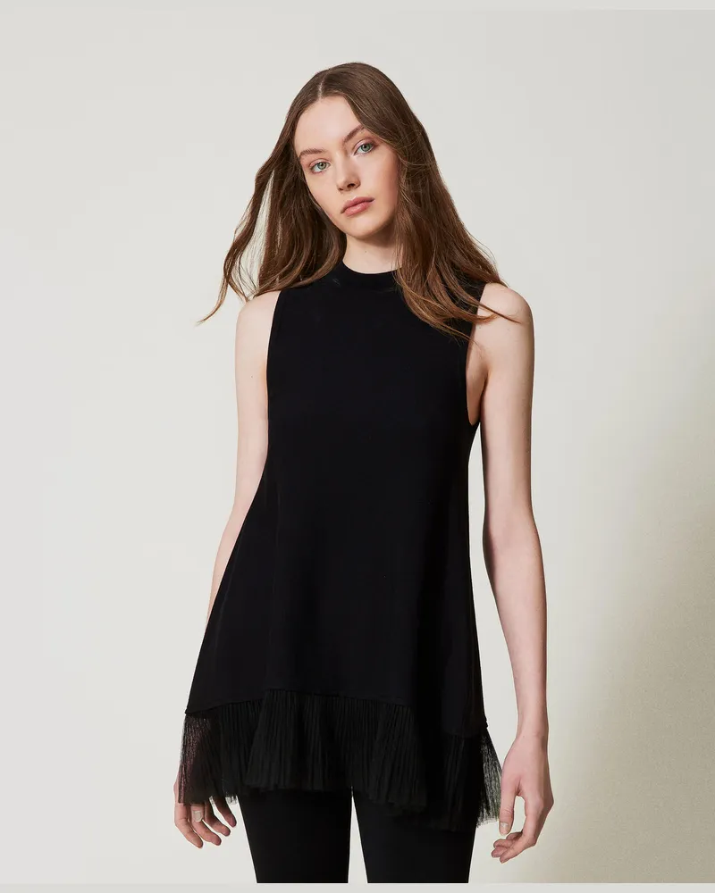 Twin-Set Tops - Langes Top mit Tüllvolants, Schwarz, Größe Schwarz