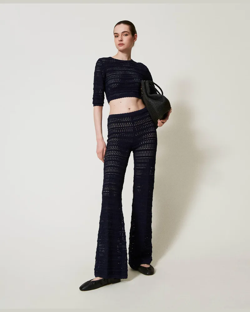 Twin-Set Hosen - Strickhose mit Lochmuster, Blue Night, Größe Blue