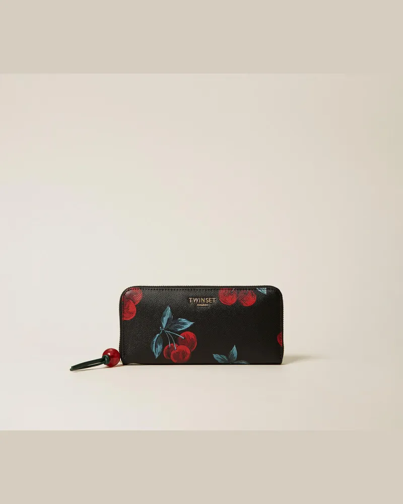 Twin-Set Accessoires - Geldbörse mit Rundumreißverschluss und Kirschen-Print, Cherries Allover Black/Red, Einheitsgröße Cherries