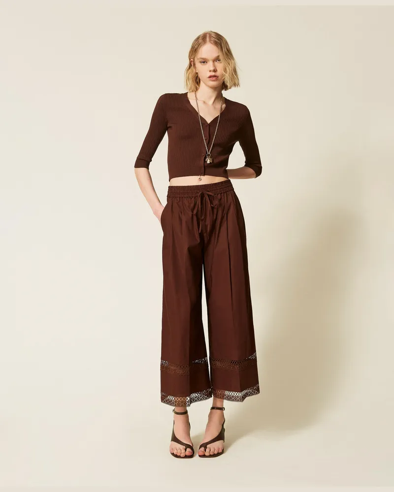 Twin-Set Hosen - Weite Hose aus Popeline mit Stickerei, Coffee Liqueur, Baumwolle, Größe Coffee