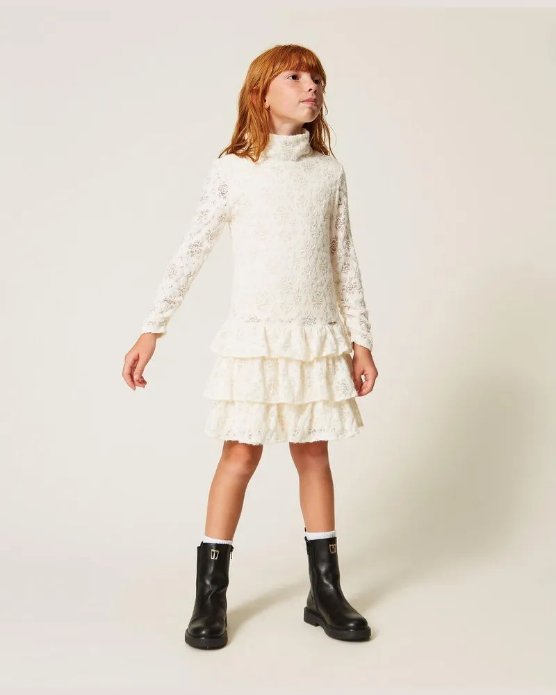 Twin-Set Kurzes Kleid aus Spitze mit Rüschen Weiß