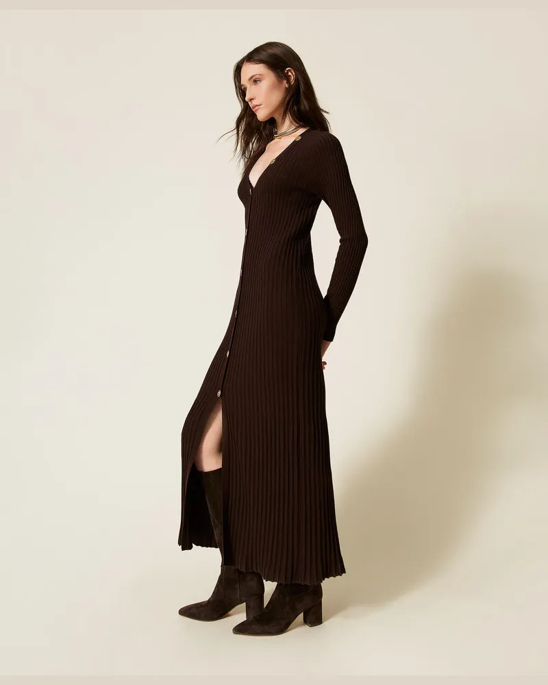 Twin-Set Cardigans - Langes Cardigankleid aus Wollmischung im Rippen-Design, Black Chocolate, Wolle, Größe Black