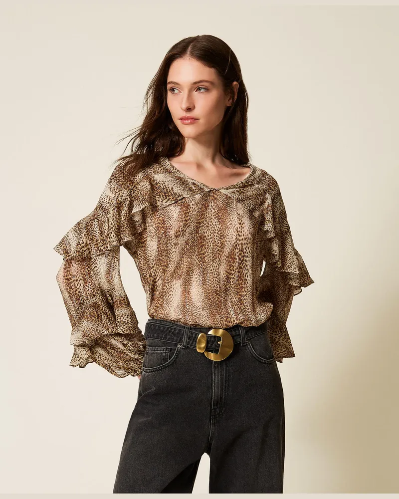Twin-Set Blusen - Bluse aus Crêpe im Animal-Design, Animalprint Brown Streifen Lurex, Größe Animalprint