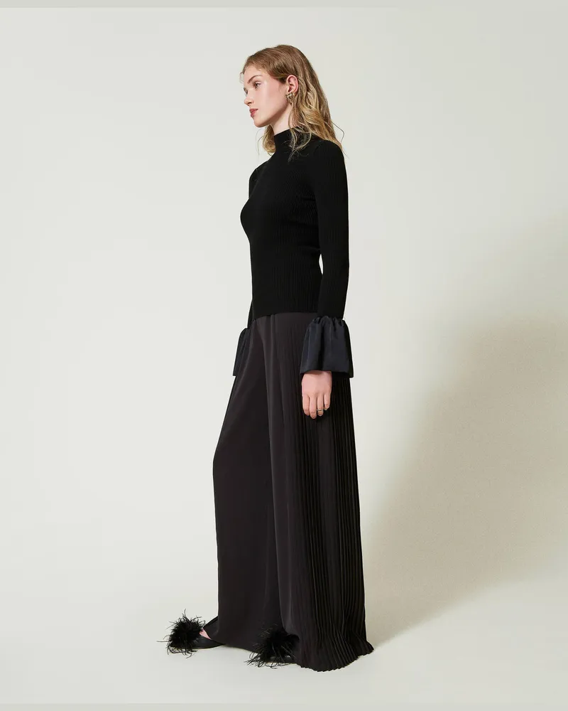 Twin-Set Hosen - Palazzohose aus plissiertem Georgette, Schwarz, Plissee, Größe Schwarz