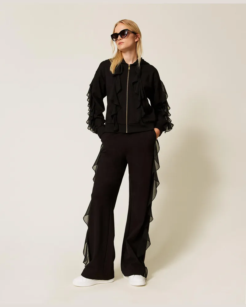 Twin-Set Hosen - Hose mit Georgettevolant, Schwarz, Größe Schwarz