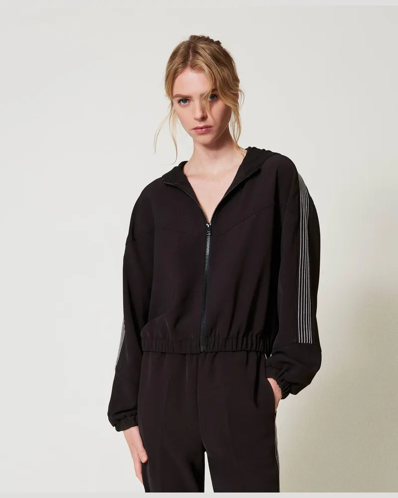 Twin-Set Jacken und Outerwear - Kreppjacke mit Stickerei, Schwarz / Stickerei Schneeweiß, Größe Schwarz