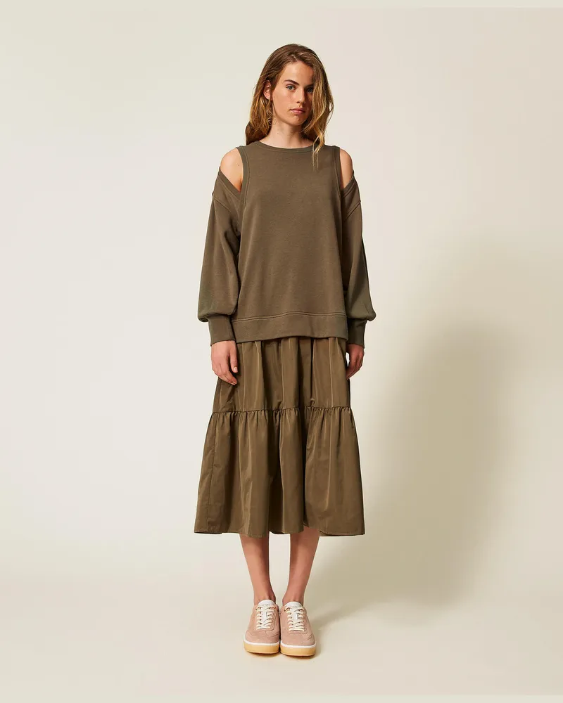 Twin-Set Kleider - Maxikleid aus Sweatstoff und Taft, Green Olive, Baumwolle, Größe Green