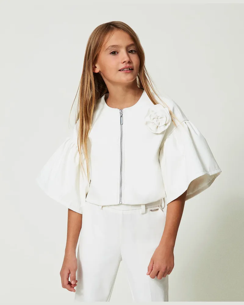 Twin-Set Jacken und Outerwear - Jacke aus Lederimitat mit Blume, Lucent White, Lederoptik, Größe Lucent