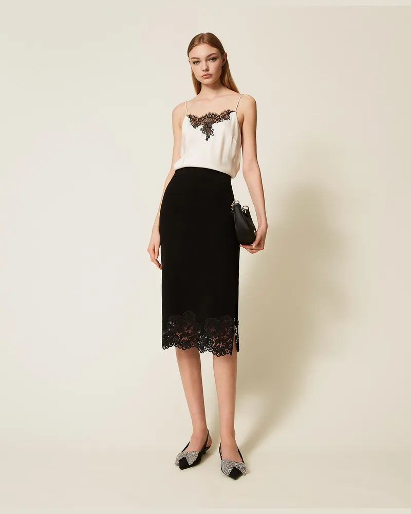 Twin-Set Röcke - Midi-Strickrock mit Spitze, Schwarz, Größe: XXL 