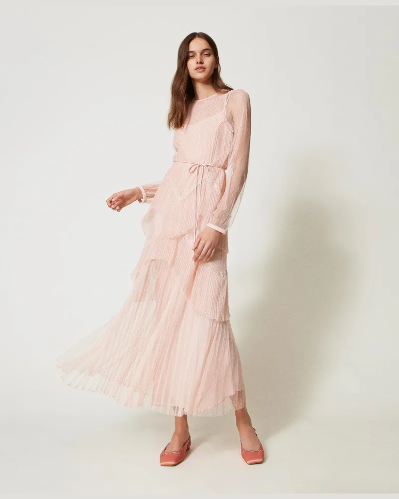 Twin-Set Kleider - Maxikleid aus plissiertem Tüll mit Volants, Cupcake Pink, Größe Cupcake
