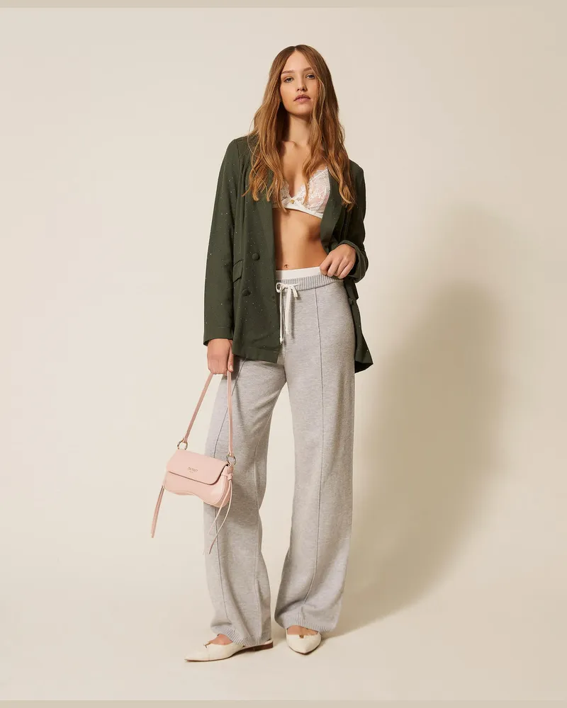 Twin-Set Hosen - Hose aus Strick mit Tunnelzug, Zweifarbig Hellgrau-Melange/Off White, Baumwolle, Größe Zweifarbig