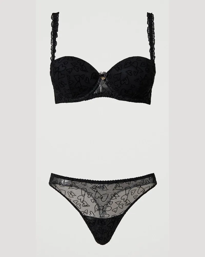 Twin-Set Unterwäsche - Balconette-BH und Tanga aus Tüll, Schwarz, Mit Herzen, Größe: 3-B 