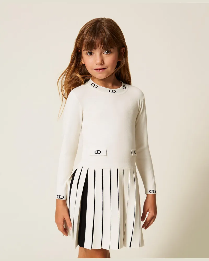 Twin-Set Kleider - Kurzes Mädchenkleid aus zweifarbigem Gestrick, Zweifarbig Off White / Schwarz, Plissee, Größe Zweifarbig