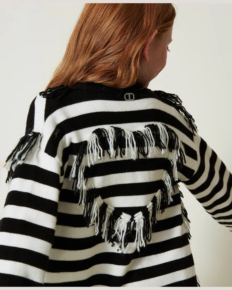 Twin-Set Cardigans - Gestreifter Maxicardigan mit Fransen, Zweifarbig Off White / Schwarz, Größe: 8A 