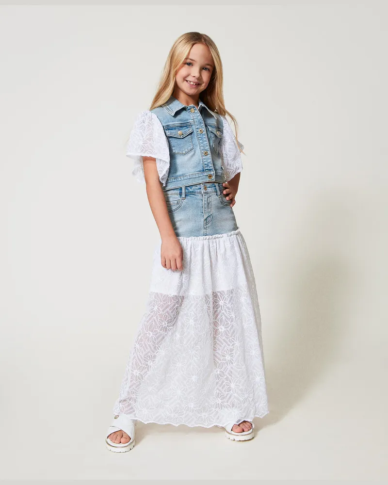 Twin-Set Röcke - Langer Rock aus Jeans und besticktem Tüll, Zweifarbig Denim Chiaro / Ice, Größe: 8A 