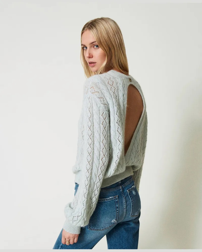 Twin-Set Pullover aus Mohairmischung mit Zöpfen und Cut-out, Himmelsblau, Größe: XXL 