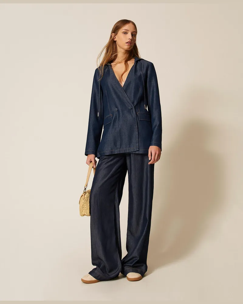 Twin-Set Jeans - Weite Hose aus Chambray, Dunkler Denim, Größe Dunkler