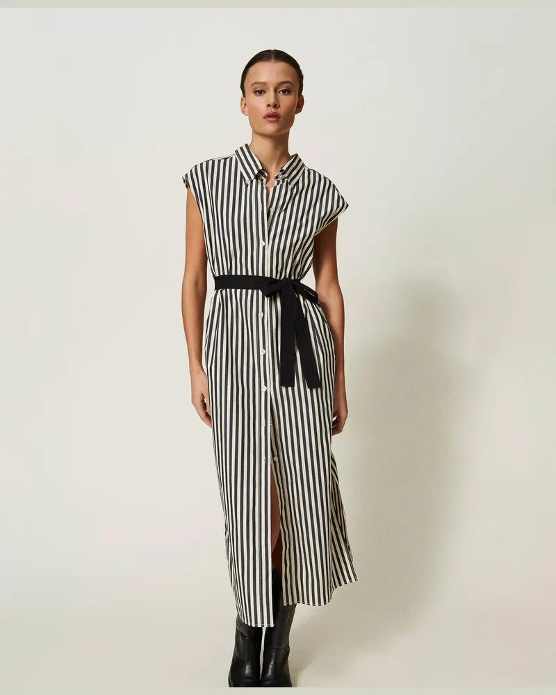 Actitude by Twinset Kleider - Langes Kleid aus Bio-Baumwolle mit Streifen, „Chantilly"-Weiß / Schwarz Streifen, Gestreift, Größe „chantilly“-weiß