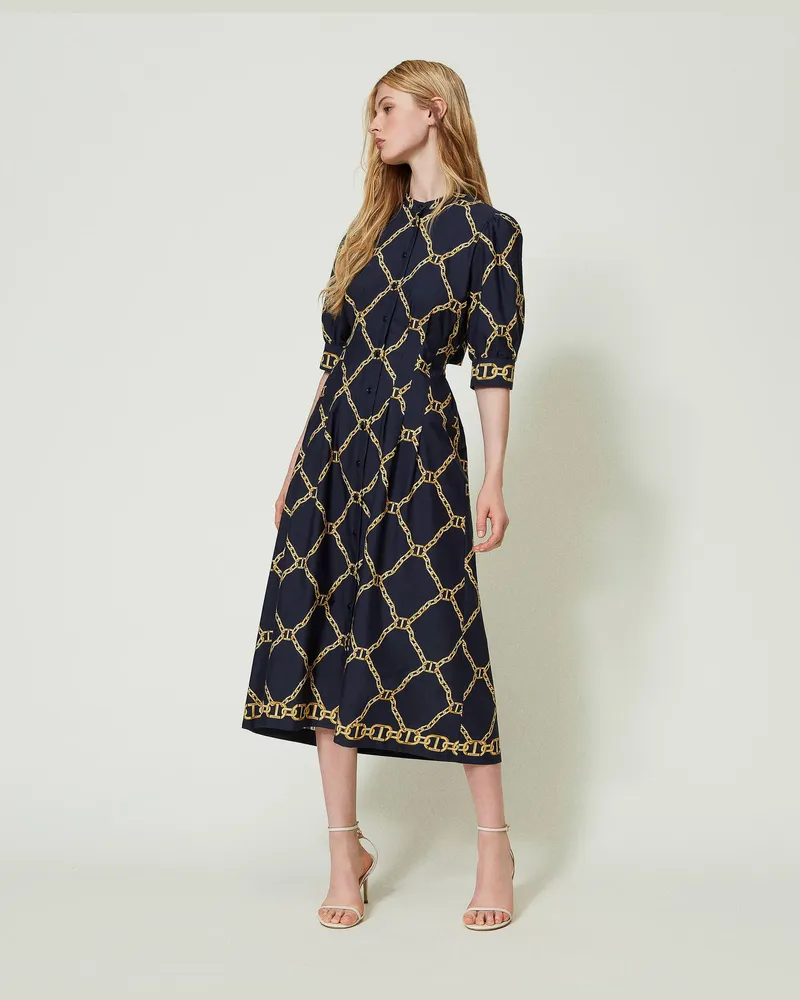 Twin-Set Kleider - Midikleid aus Popeline mit Kettenprint, Print Kettenmix Rand Blau, Baumwolle, Größe Print