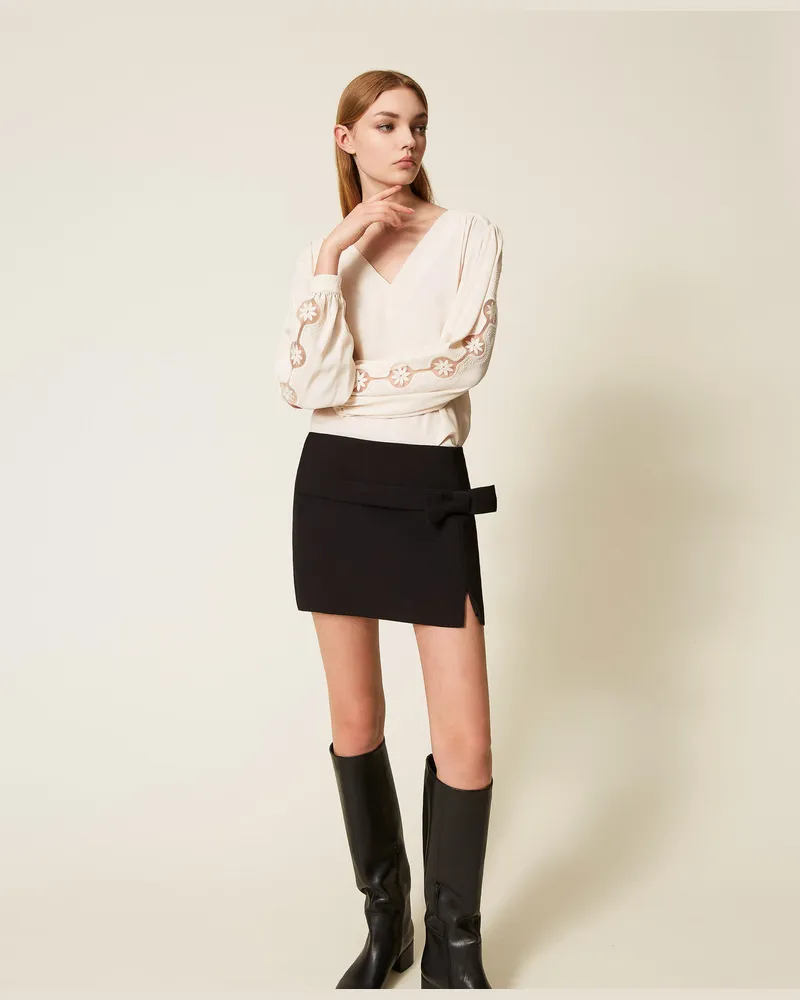 Twin-Set Blusen - Kreppbluse mit Stickerei, „Parchment"-Beige, Größe „parchment“-beige