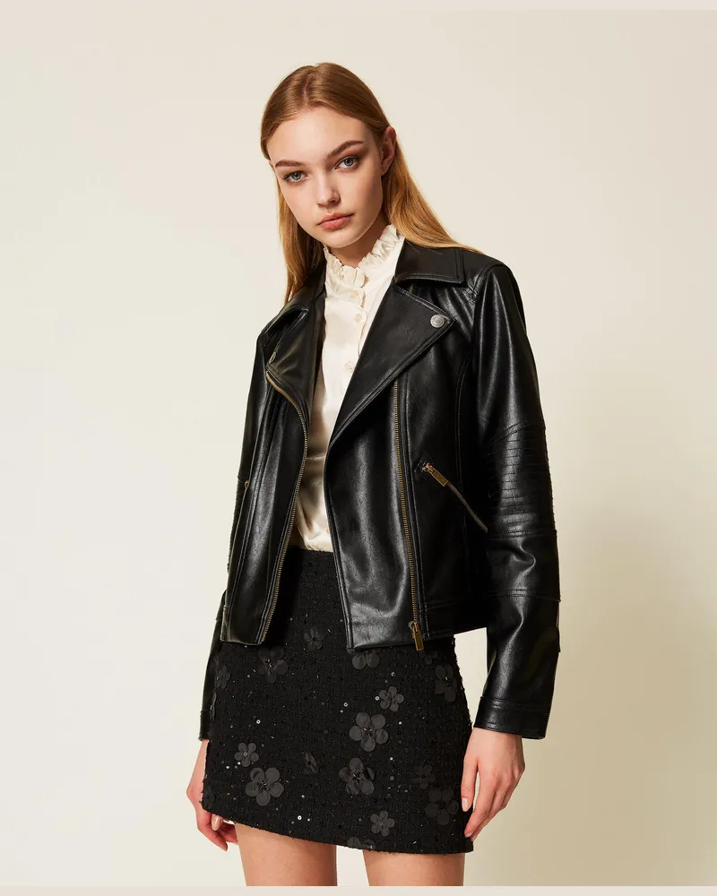 Twin-Set Jacken und Outerwear - Bikerjacke aus Lederimitat, Schwarz, Lederoptik, Größe Schwarz