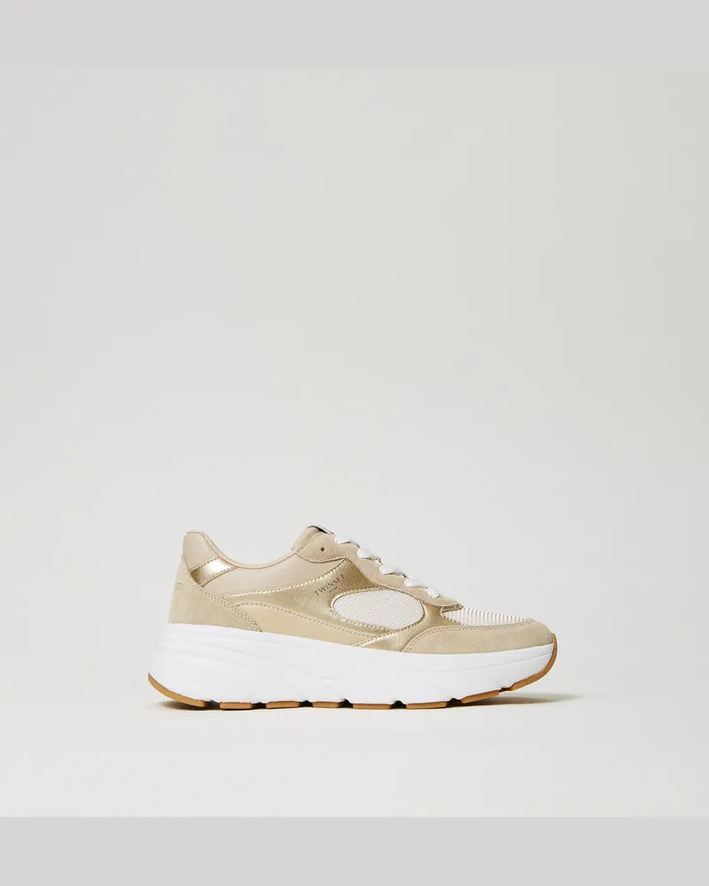 Twin-Set Schuhe - Sneaker im Laufschuhstil aus Leder, Gelbgold, Größe Gelbgold