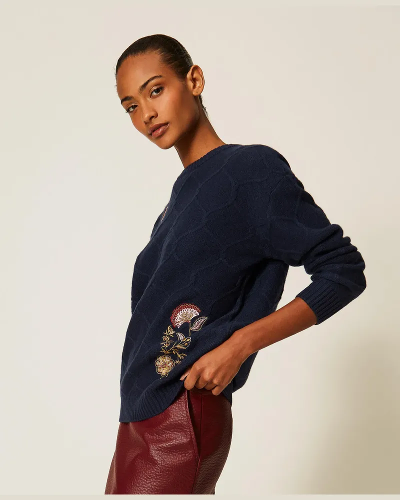 Actitude by Twinset Pullover mit Rundhalsausschnitt aus Wolle mit floralem Stickmotiv Blue