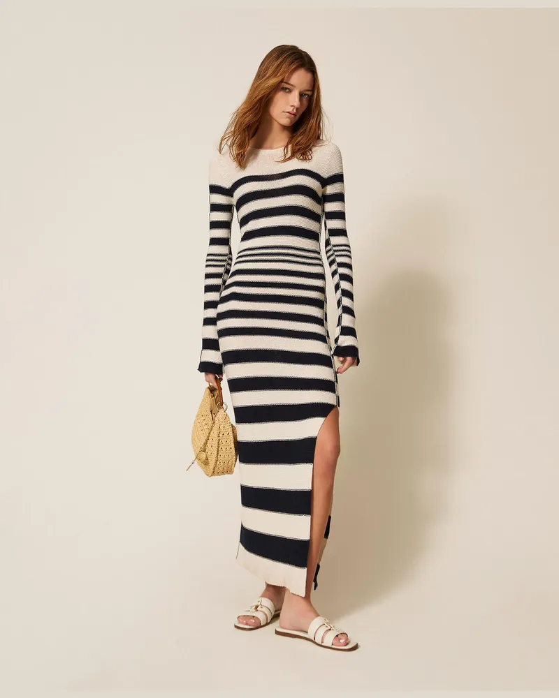 Twin-Set Kleider - Langes Strickkleid mit Streifen, Streifen „Parchment"-Beige/Nachtblau, Gestreift, Größe Streifen
