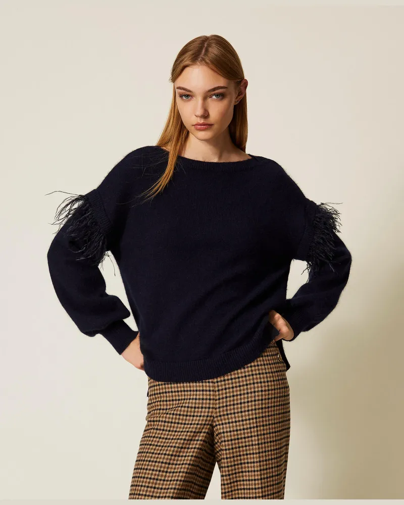 Twin-Set Pullover aus Angoramischung mit Federn, Klassisches Blau, Größe: XXL 