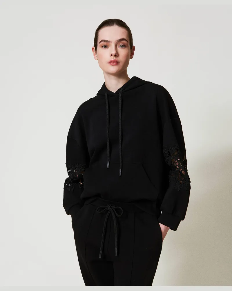Twin-Set Sweatshirts und -jacken - Kapuzensweatshirt mit Makramee, Schwarz, Spitze, Größe: XXL 