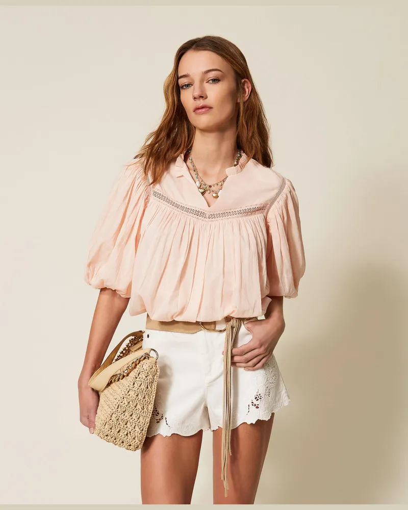 Twin-Set Blusen - Bluse aus Musselin mit Kräuselungen, Pearl Rose, Baumwolle, Größe Pearl