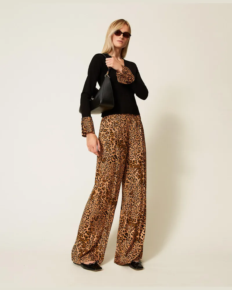 Twin-Set Hosen - Jacquardhose mit Animalprint, Animalprint Coffee / „Land"-Braun, Größe Animalprint