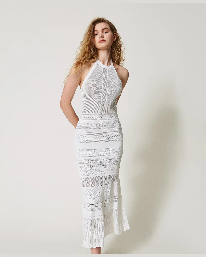 Twin-Set Kleider - Maxi-Neckholderkleid aus Gestrick mit Lochmustern, Weiß Schnee, Größe Weiß