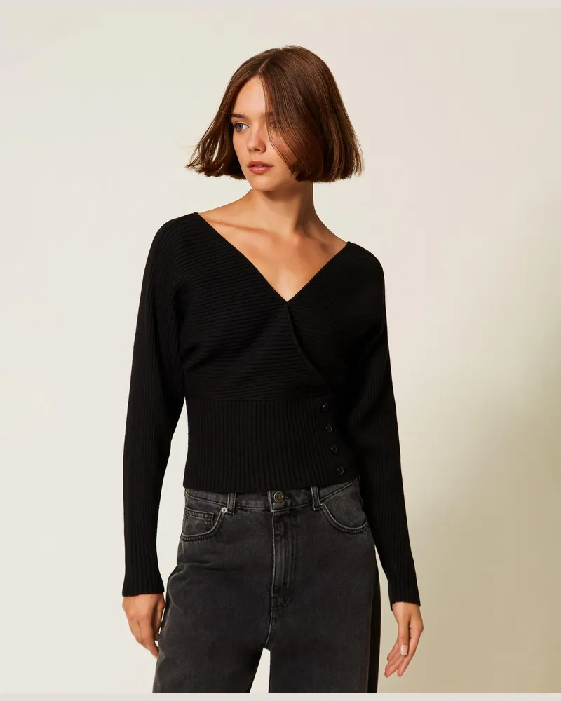 Twin-Set Gerippter Pullover mit Überlappung, Schwarz, Wolle, Größe Schwarz