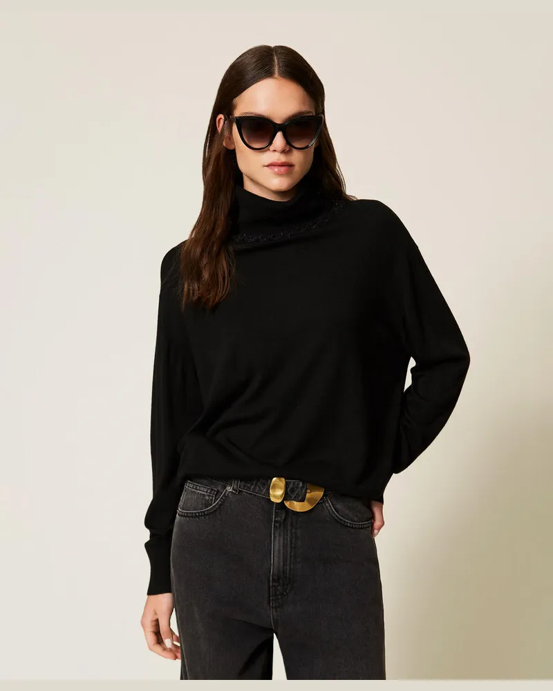 Twin-Set Rollkragenpullover Lurex mit Zopf, Schwarz, Größe Schwarz
