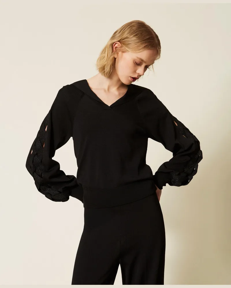 Twin-Set Pullover mit Maxikragen und Zopfmuster, Schwarz, Größe Schwarz