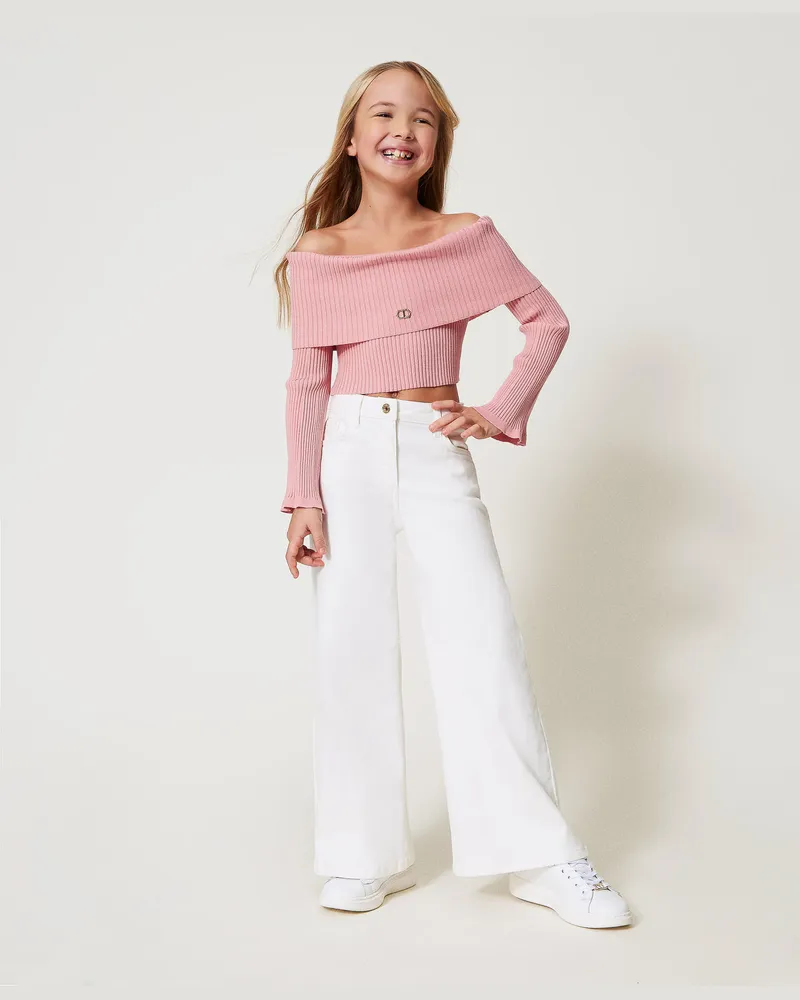Twin-Set Gerippter Off-Shoulder-Pullover mit Oval T, Sweet Rose, Größe: 14A 