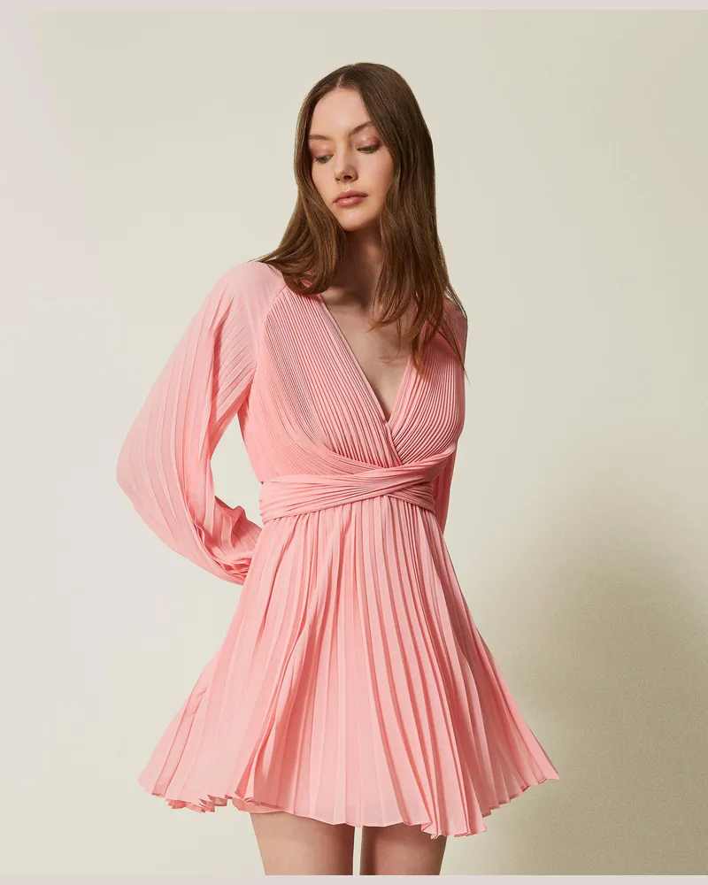 Twin-Set Kleider - Kurzes Kleid aus plissiertem Georgette, Peach, Plissee, Größe Peach