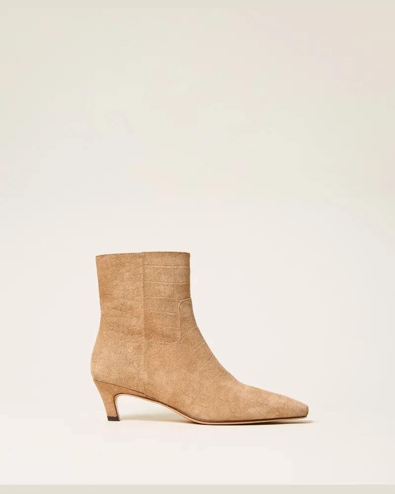 Twin-Set Stiefelette aus Veloursleder mit Krokoprägung, Damen, Krokoprint Nougat Krokoprint