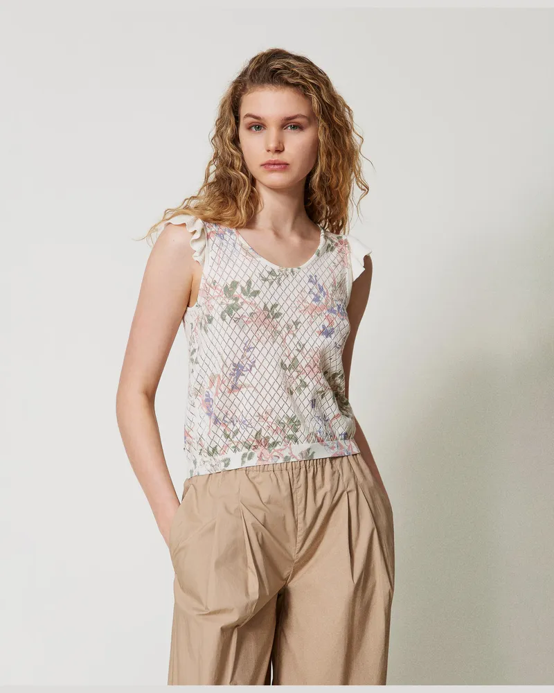 Twin-Set Tops - Stricktop mit Blumendessin und Volants, Multicolor Blumenprint, Größe: XXL 