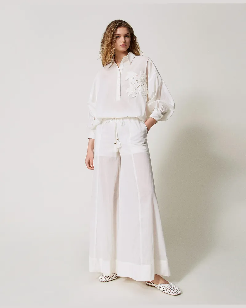 Twin-Set Bademode - Palazzohose aus Musselin, Sugar Weiß, Baumwolle, Größe: S 