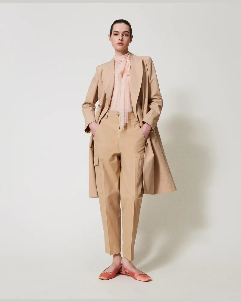 Twin-Set Hosen - Cargohose aus Gabardine aus Baumwollmischung, "Rope"-Beige, Größe Rope-beige