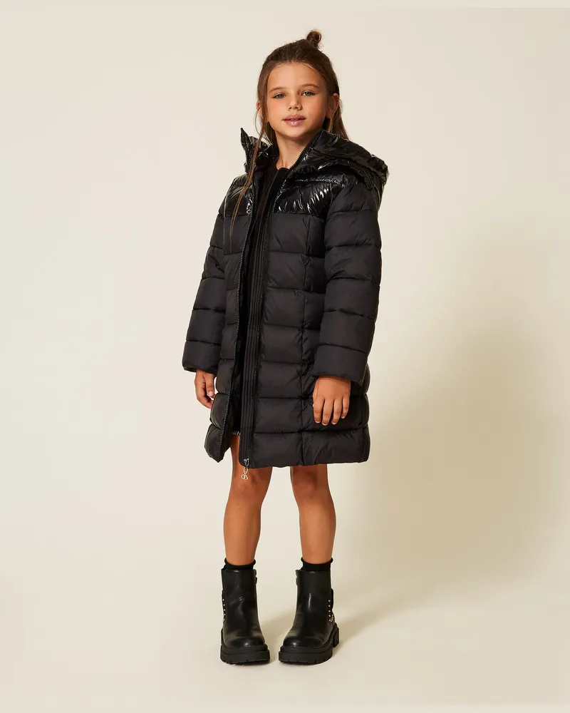 Twin-Set Jacken und Outerwear - Lange Steppjacke mit Logogürtel, Schwarz, Größe Schwarz