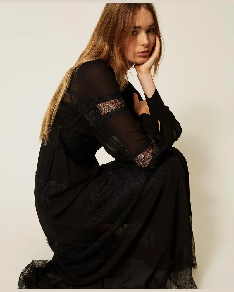 Twin-Set Maxikleid aus Georgette und Spitze, Damen, Schwarz Schwarz